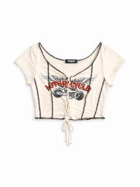G-Mini Cream Motorcycle Graphic Women's Crop Top - Y2K Moto Babe